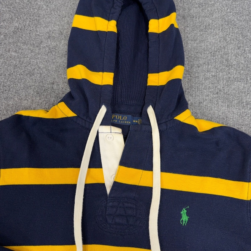 Polo Ralph Lauren Hoodie Mens M Rugby Striped Navy Yellow Pony Preppy Thermal‎ - Picture 3 of 10